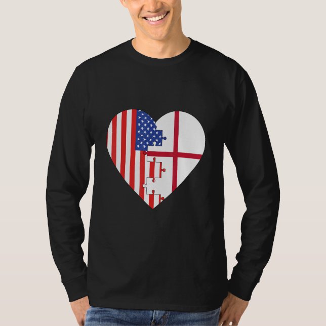 USA and England Flags Heart T Shirt (Framsida)