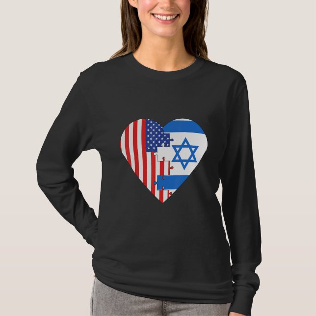 USA and Israel Flags Heart T Shirt (Framsida)