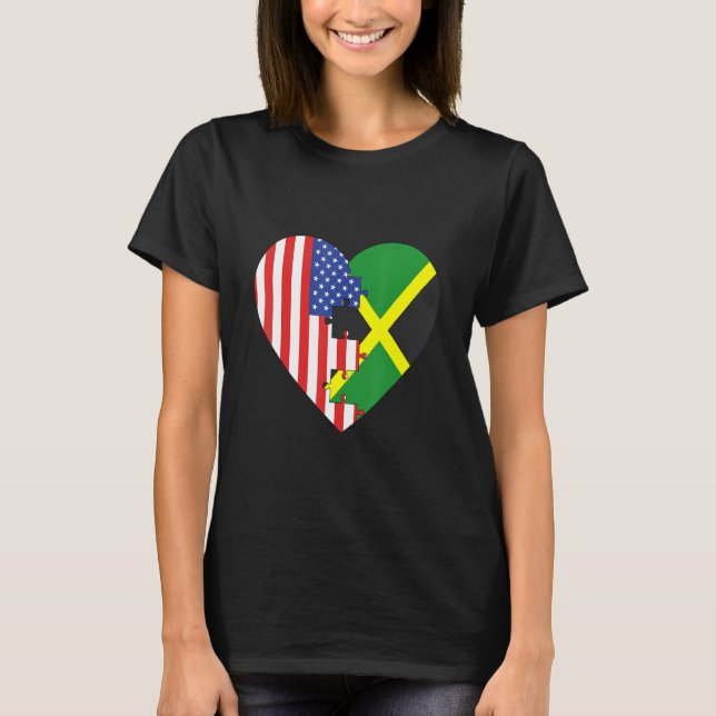 USA and Jamaica Flags Heart T Shirt (Framsida)