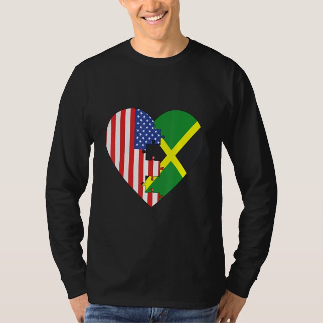 USA and Jamaica Flags Heart T Shirt (Framsida)