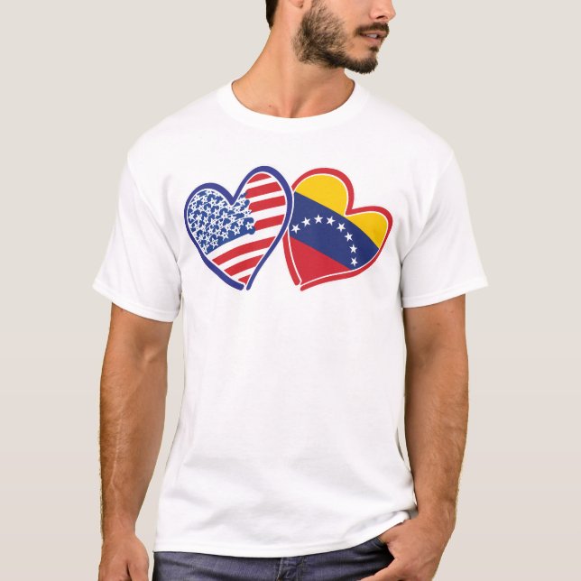 USA and Venezuela Flag Hearts T Shirt (Framsida)
