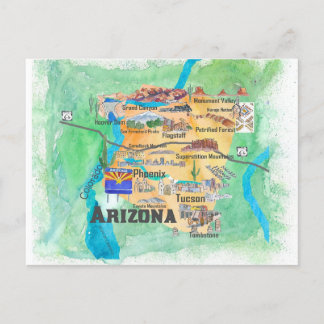 USA Arizona State Turist Illustrerad Karta Vykort