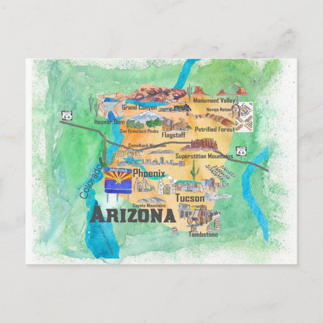 USA Arizona State Turist Illustrerad Karta Vykort (Framsida)