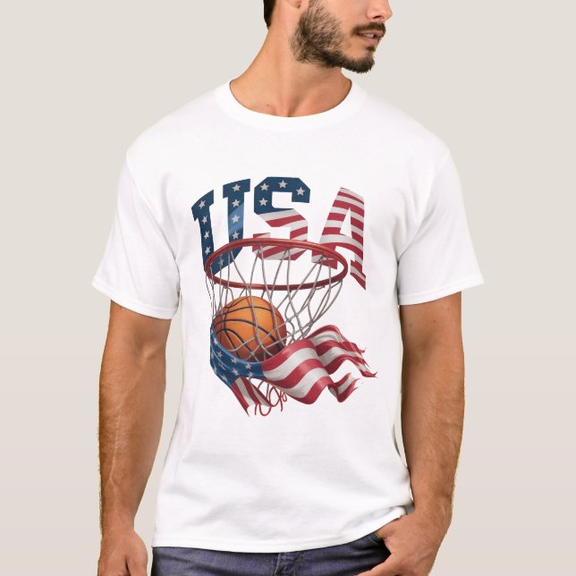 USA Basketball Shirt, Patriotic American Flag Hoop T Shirt (Framsida)