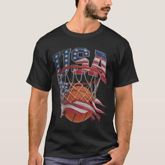 USA Basketball Shirt, Patriotic American Flag Hoop T Shirt (Framsida)