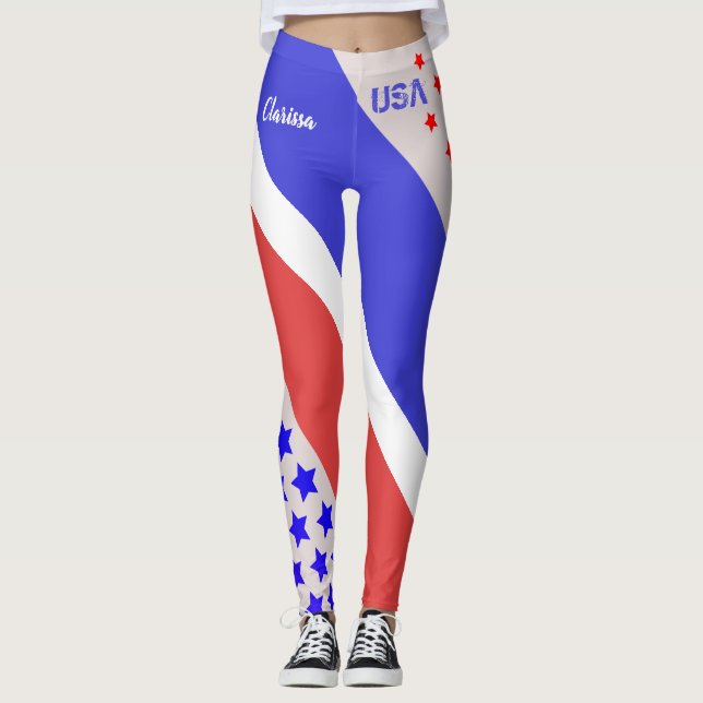 USA BLEK TONE RED WHITE och BLUE med ditt namn Leggings (Framsida)