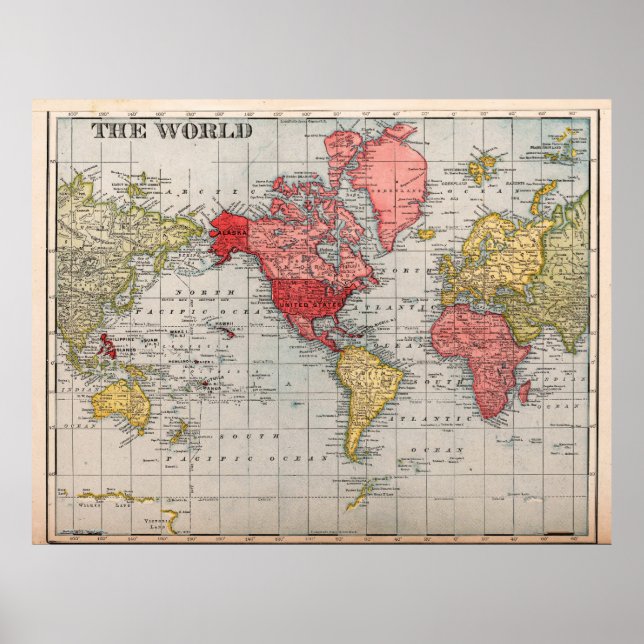 USA-centrerad vintage världskartaffisch Poster (Framsidan)