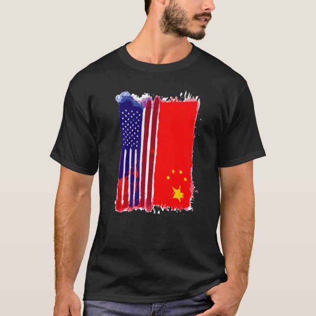 USA China Flagga Halvamerikanska Halvkinesiska rot T Shirt (Framsida)