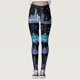 USA City Skylines Silver Nightlife med Stars Leggings