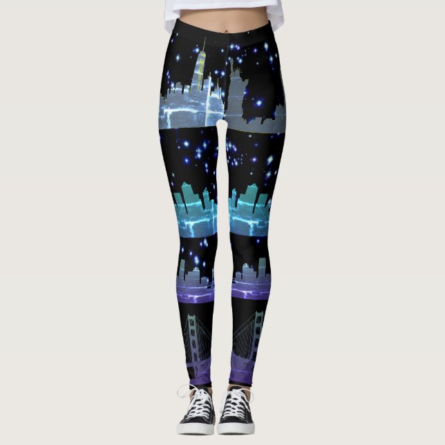 USA City Skylines Silver Nightlife med Stars Leggings (Framsida)