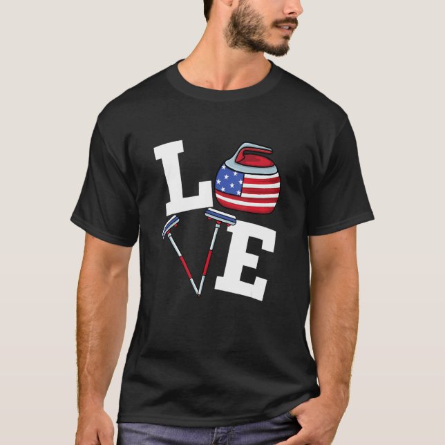 Usa Curler Broom Winter Ice Sports American Flagga T Shirt (Framsida)