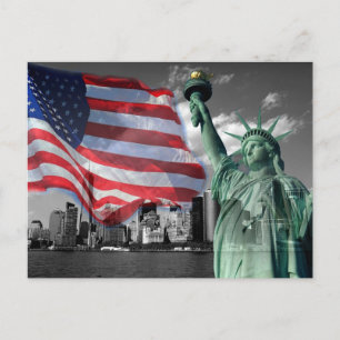 USA: Dam Liberty, American Flagga, NYC Vykort