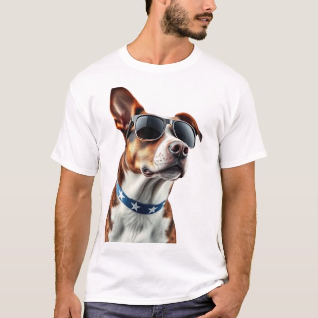 USA Dog Lover - Cool Pup with American Flag Shades T Shirt (Framsida)