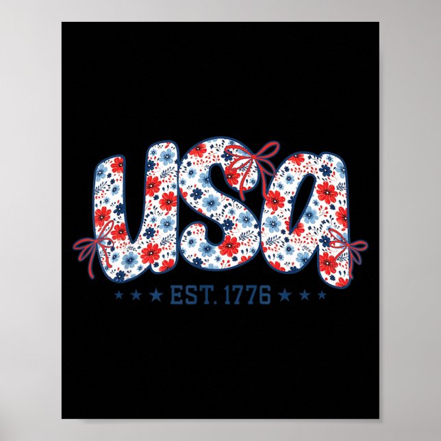 USA Est 1776 Coquette Bow 4:e juli USA Floral Poster (Framsidan)