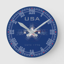 USA Estd. 1776 Romerska nr. (blått) Rund klocka