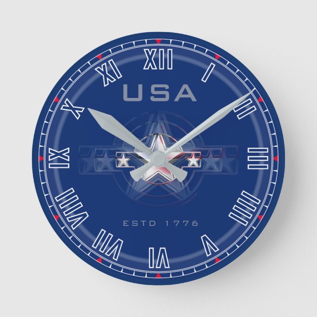USA Estd. 1776 Romerska nr. (blått) Rund klocka (Framsida)