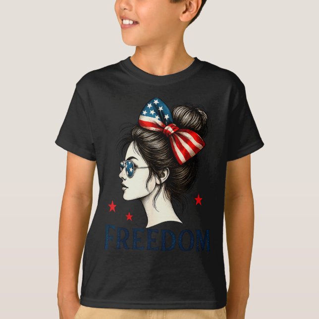 Usa Flag Bow Messy Bun Girls Dom American Flag Pat T Shirt (Framsida)