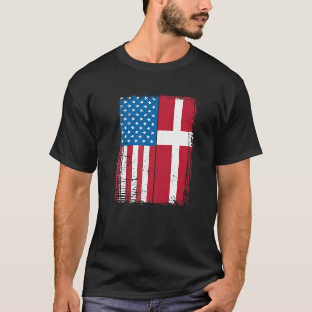 USA Flag Denmark Danish   T Shirt (Framsida)