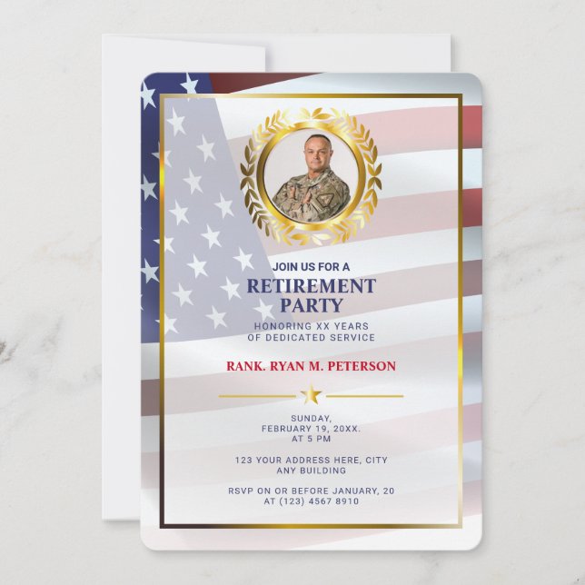 USA Flag | Guld lagerblad | Lyxig pensionering Inbjudningar (Framsida)