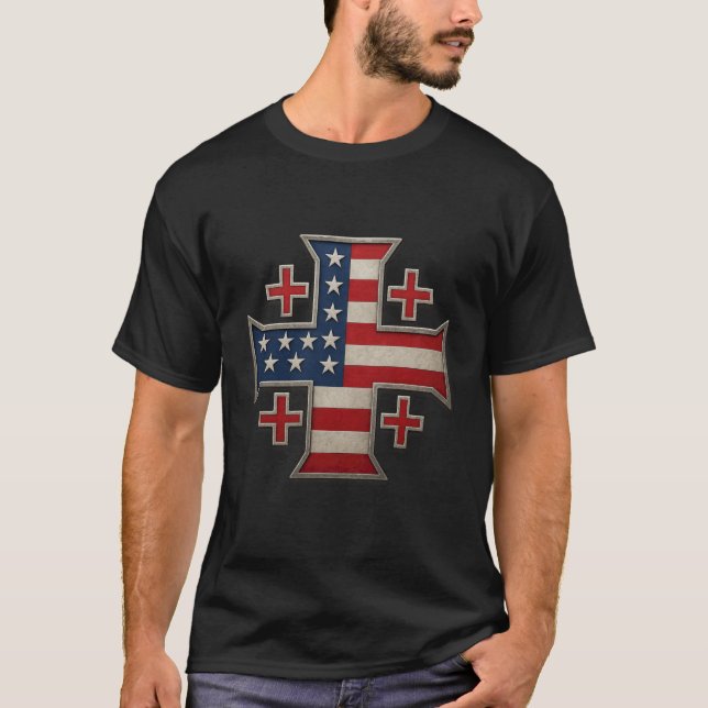 USA Flag Jerusalem Cross - Kingdom of Jerusalem T Shirt (Framsida)