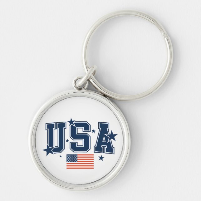 USA Flag Keychain Rund Silverfärgad Nyckelring (Framsidan)