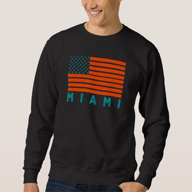 USA Flag Miami OrangeTeal-GreenBlue Miami FL Ameri Lång Ärmad Tröja (Framsida)
