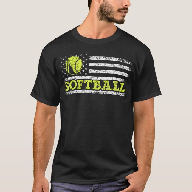 USA Flag Patriotic Softball Player American Sport  T Shirt (Framsida)