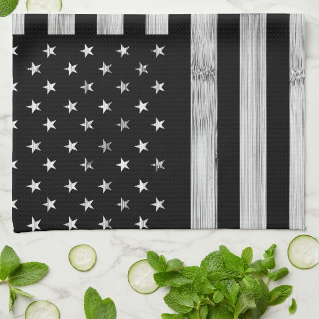 USA flag Rustic Trä Svart Vitt Patriotiskt Amerika Kökshandduk (Vikta)