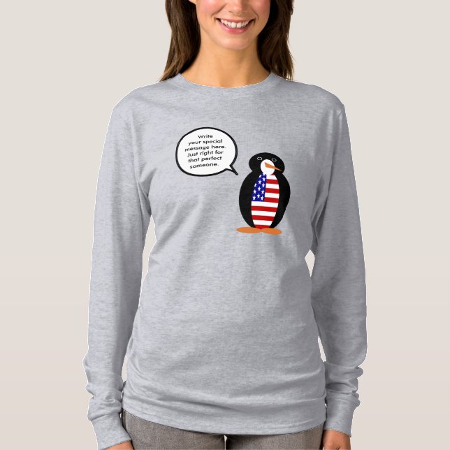 USA Flag Talking Ms. Penguin Långärmad Dam  T Shirt (Framsida)