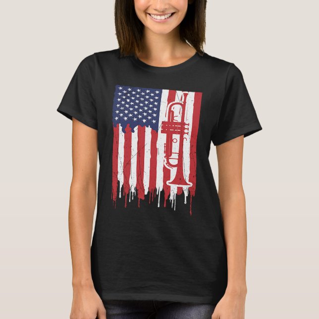 USA Flag Thin Red Line Smooth Jazz Music Trumpet T Shirt (Framsida)