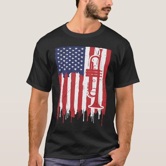 USA Flag Thin Red Line Smooth Jazz Music Trumpet T Shirt (Framsida)
