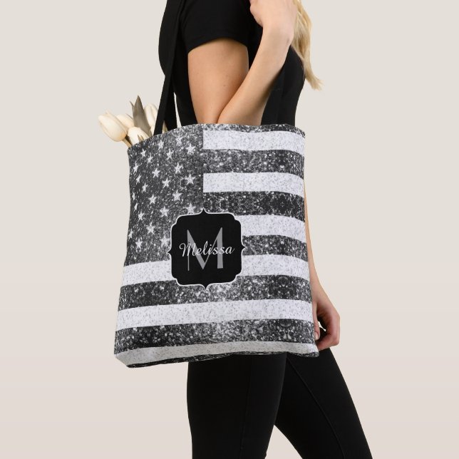 USA flagga Black White Sparkles Monogram Tygkasse (Närbild)