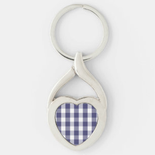 USA flagga Blue och White Gingham Checkade Twisted Heart Silverfärgad Nyckelring