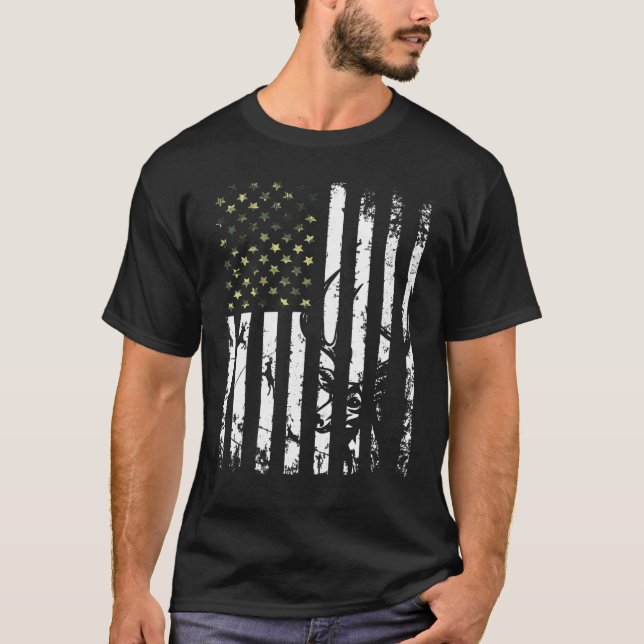 USA flagga Camo Hjort Elk Buck Camoflage Hunting H T Shirt (Framsida)