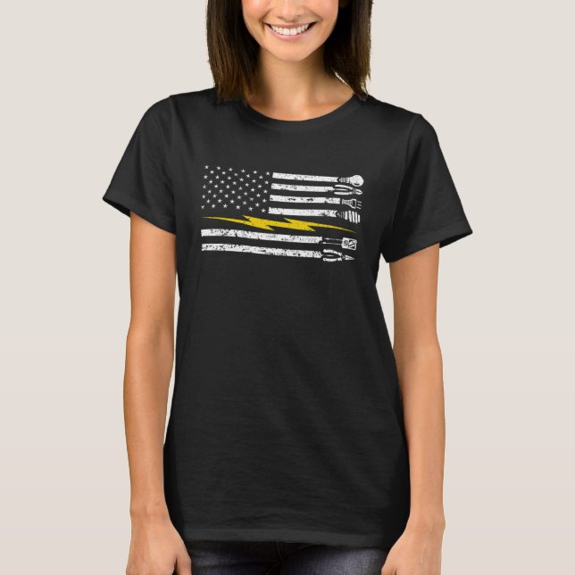 USA Flagga Elektriker Spänning Lineman Krets Kabel T Shirt (Framsida)