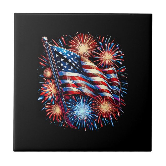 USA Flagga Fyrverkerier Patriotisk Kakelplatta (Framsidan)
