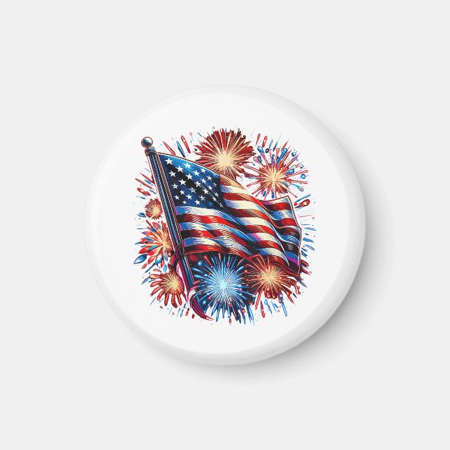 USA Flagga Fyrverkerier Patriotisk Magnet (Framsidan)
