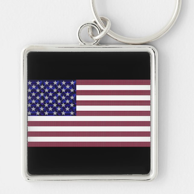 USA flagga Gemstone Art Fyrkantig Silverfärgad Nyckelring (Framsidan)