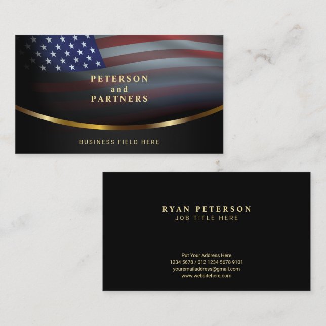 USA flagga | Gradation Concave Guld | Svart Visitkort (Fram/baksida)