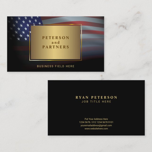 USA flagga | Gradation Guld Ram | Svart Visitkort (Fram/baksida)