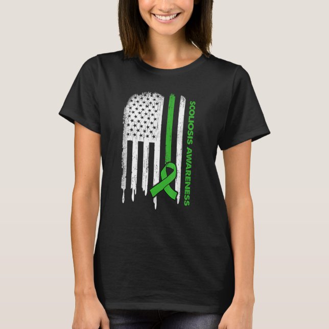 USA flagga Grönt Ribbon Scoliosis Awareness T Shirt (Framsida)