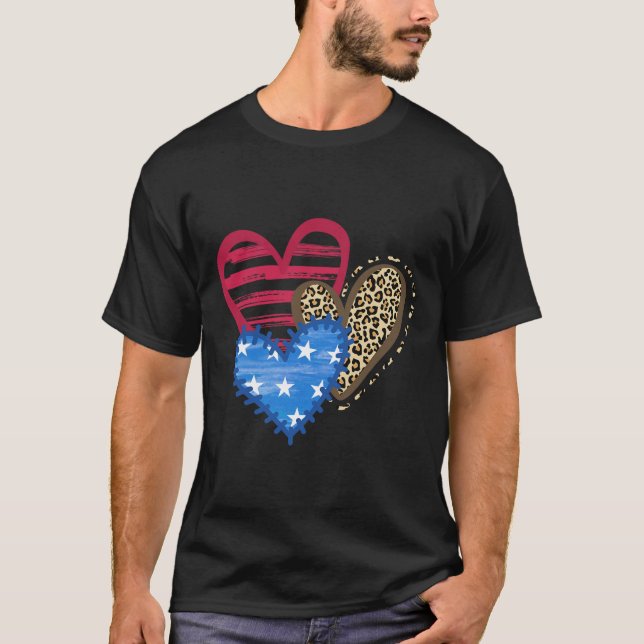 USA flagga Heart 4:e juli Leopard Patriotic Red W T Shirt (Framsida)