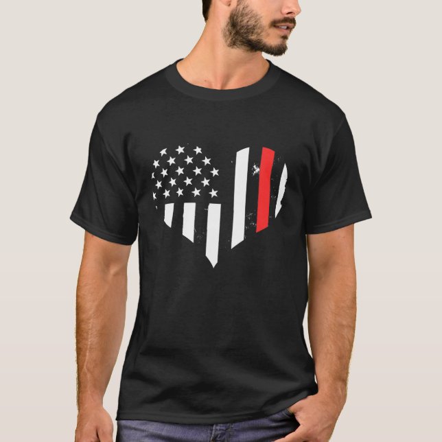 USA flagga Heart Firefighter Thin Red Line Fireman T Shirt (Framsida)