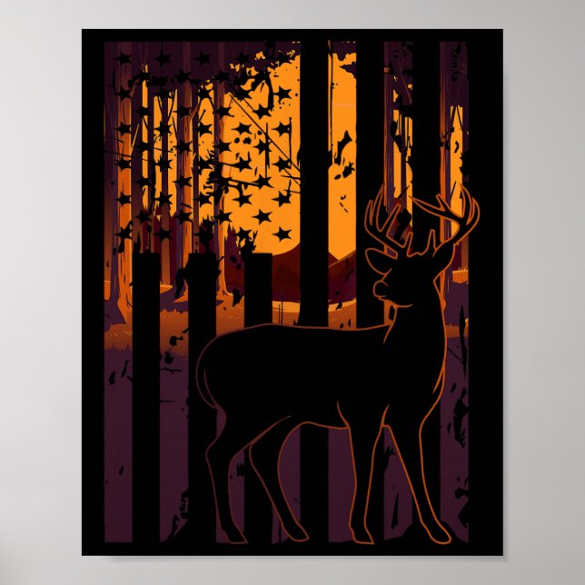 USA flagga Hjort Hunting Setting Sol Funny Bow Hun Poster (Framsidan)