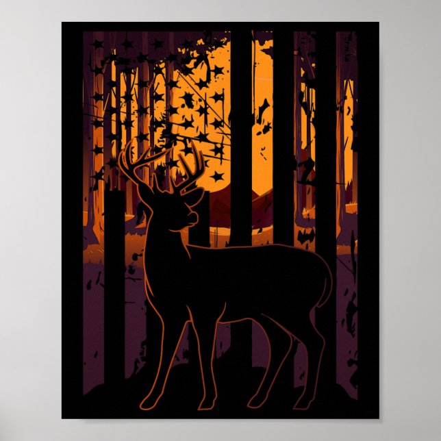 USA flagga Hjort Hunting Setting Sol Funny Bow Hun Poster (Framsidan)
