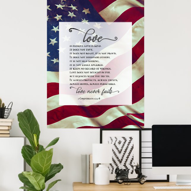 USA flagga Kärlek Misslyckas aldrig Bibeln Patriot Poster (Hemmakontoret)