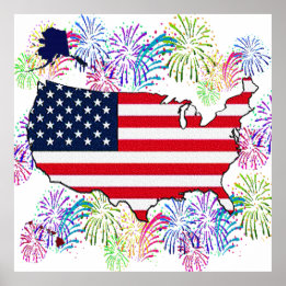 USA flagga Karta och Fireworks med Struktur Poster