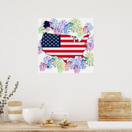 USA Flagga Karta och Fyrverkerier med Textur Poster