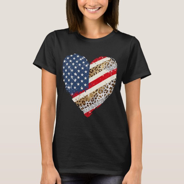USA Flagga Leopard Hjarta 4:e Juli T Shirt (Framsida)
