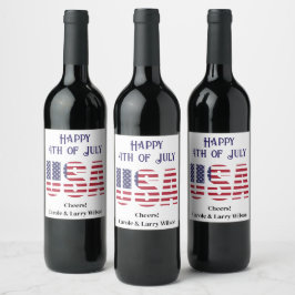 USA Flagga Mall 4:e Juli Stjärnor och Ränder Vinflaska Etikett